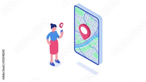 Woman looking for a place in the navigation map. Location search concept. Looped animation. 4K resolution.