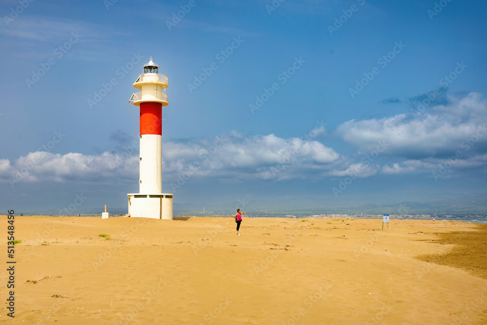 After walking about 4 km along the extensive Fangar beach, you will find the Fangar lighthouse, which is the entrance to the bay of the same name. Ebro river delta, Catalonia, Spain