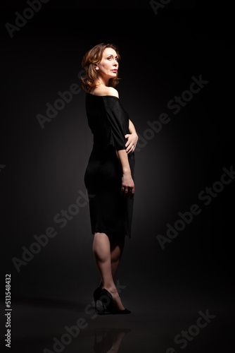 High fashion portrait of elegant woman in long black dress.