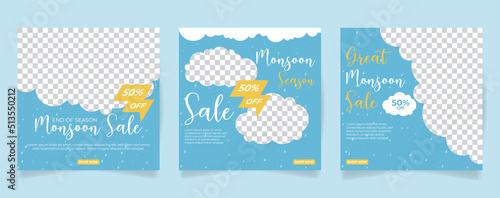 monsoon sale social media post template blue background with clouds and rain