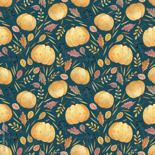 Autumn seamless pattern. Color background. Hand drawn watercolor ornament with pumpkins, colorful leaves and berries for wrapping paper, fabrics, design, decorations.