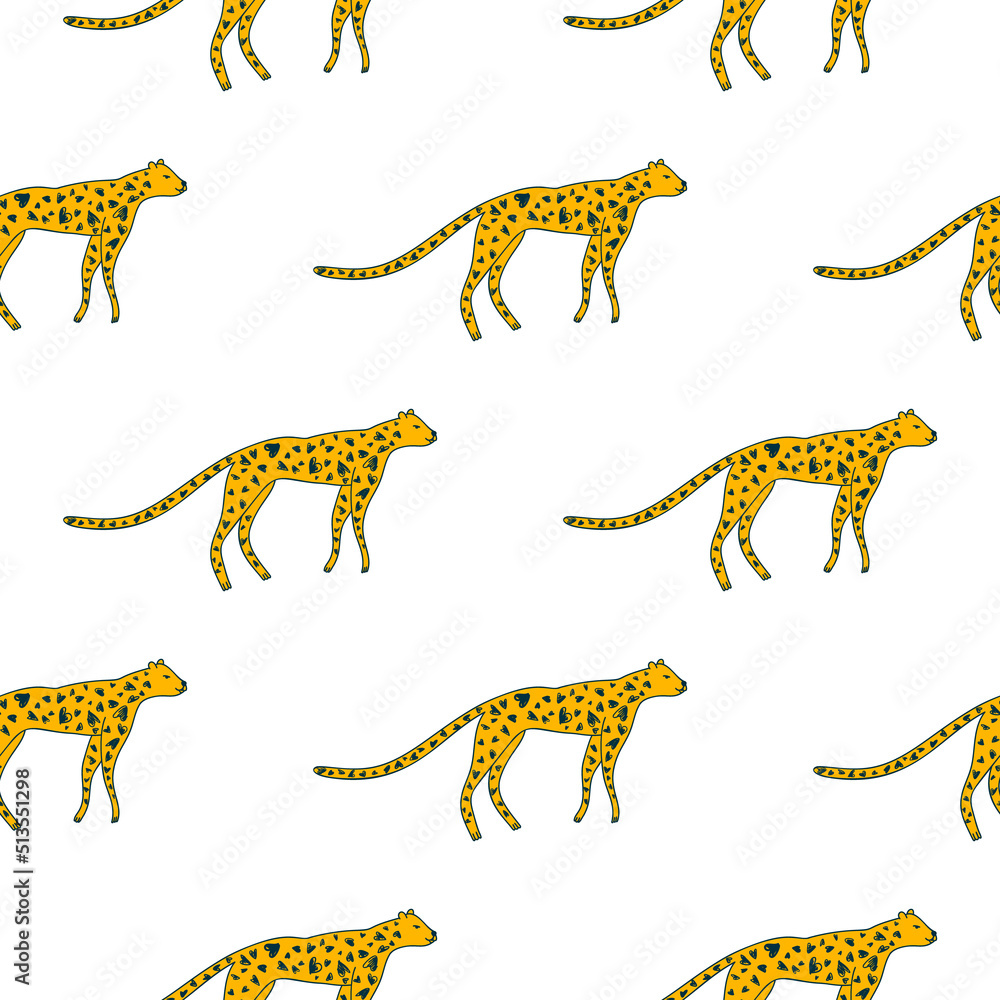 Obraz premium Hand drawn cute leopard seamless pattern. Doodle cheetah endless wallpaper.