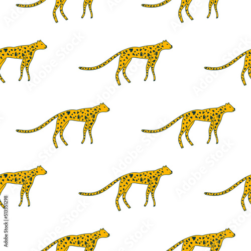 Hand drawn cute leopard seamless pattern. Doodle cheetah endless wallpaper.