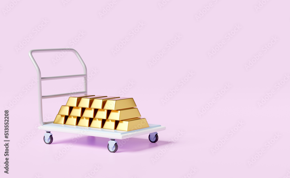 Gold bars pile on warehouse trolley icon 3d, platform trolley isolated on pink background. investment or business finance, loan concept, 3d render illustration Gold bars pile on warehouse trolley icon 3d, platform trolley isolated on pink background. investment or business finance, loan concept, 3d render illustration