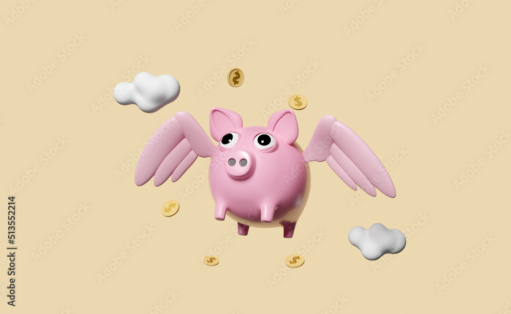 pink piggy bank 3d with wings, float coins, cloud isolated on beige background. saving money, loan approval, business banking, investment concept, 3d render illustration pink piggy bank 3d with wings, float coins, cloud isolated on beige background. saving money, loan approval, business banking, investment concept, 3d render illustration