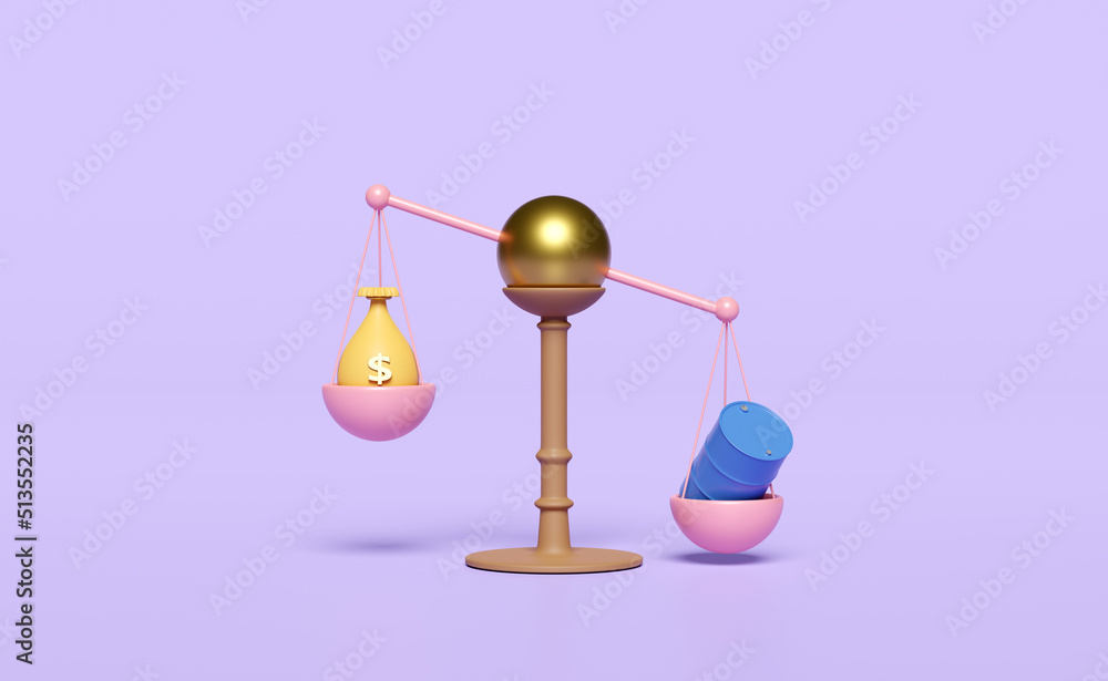 3D justice scales with oil barrel icon, money bag isolated on purple background. high inflation, expensive, saving money, raise the price concept, 3d render illustration 3D justice scales with oil barrel icon, money bag isolated on purple background. high inflation, expensive, saving money, raise the price concept, 3d render illustration