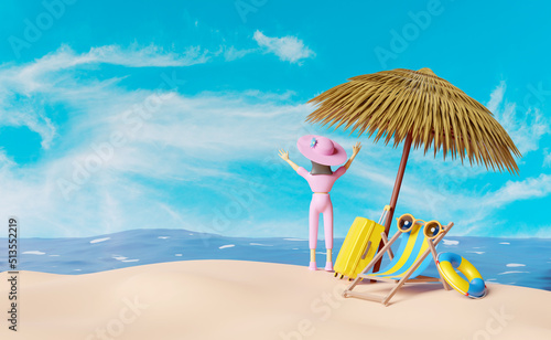 3d Character cartoon standing woman on summer beach and sky with beach chair, yellow suitcase, lifebuoy, parasol, sea landscape background or travel concept, 3d render illustration
