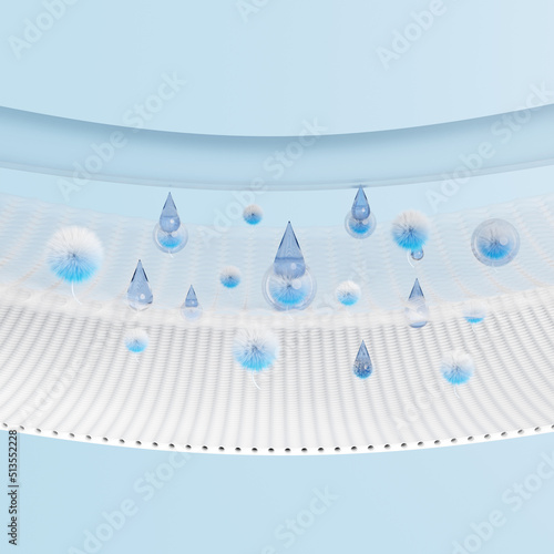 3d synthetic fiber hair absorbent layer with sanitary napkin, ventilate shows water droplets for diapers, baby diaper adult concept, 3d render illustration