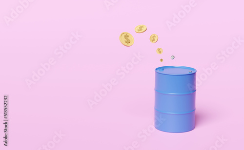 3D blue oil barrel with money dollar coin icon isolated on pink background. 200 liters oil tank, petroleum oil industry, oil market business concept, 3d render illustration