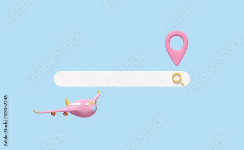 3d search bar blank and magnifying glass, pin with airplane ticket booking, summer travel service, planning traveler's tourism isolated on blue background. 3d render illustration