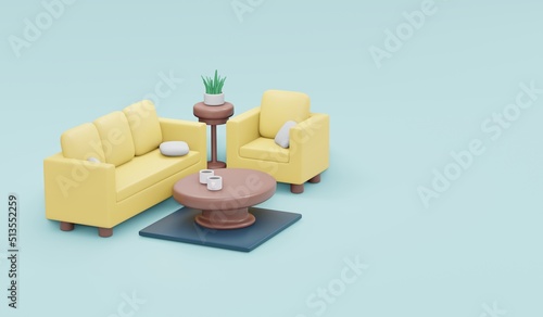 3D rendering of living room with furniture sofa couch table plant on background. 3D render cartoon illustration.