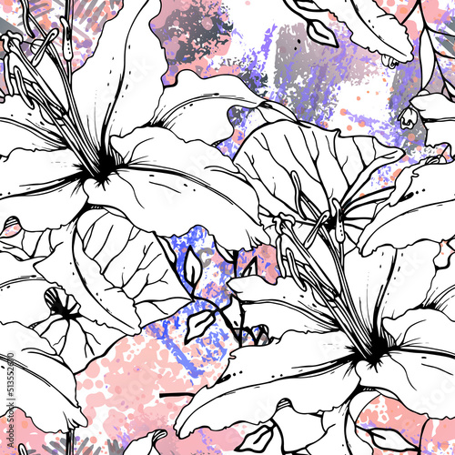 Floral Black White Pattern. Modern Watercolor