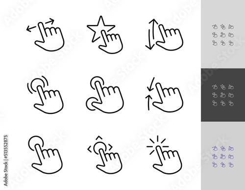 Gesture movement Icon set Vector illustration contains icons, Select actions, move fingers, zoom in, press a button, Editable stroke