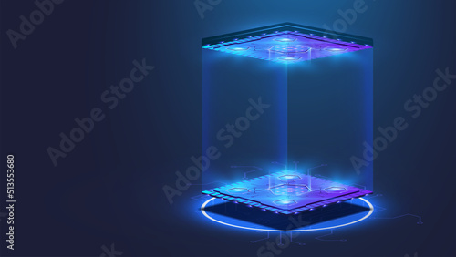 Futuristic empty stage. Modern Future background technology Sci-fi interior concept. Podium for show your product. futuristic cyberpunk concept. Pedestal for presentation product. Game Lab. Vector
