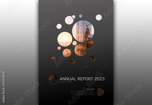 Obraz na płótnie Dark Annual Report Front Cover Page Layout with Photo and Circle Masks w salonie