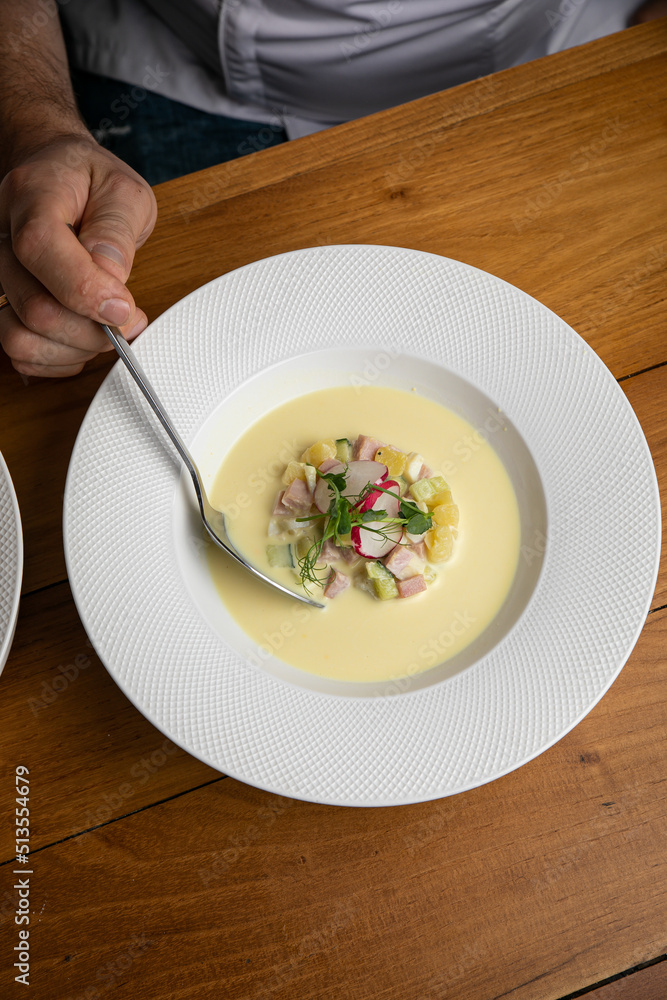 Okroshka soup. Cold soup with potatoes, radishes, yogurt
Okroshka soup. Cold soup with potatoes, radishes, yogurt