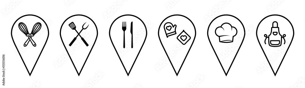 Location icon set. Map pointers with the image of kitchen appliances, apron, cap, potholders, spatula, knife and fork. Kitchen, restaurant, cafe signs. Vector illustration in doodle style Location icon set. Map pointers with the image of kitchen appliances, apron, cap, potholders, spatula, knife and fork. Kitchen, restaurant, cafe signs. Vector illustration in doodle style