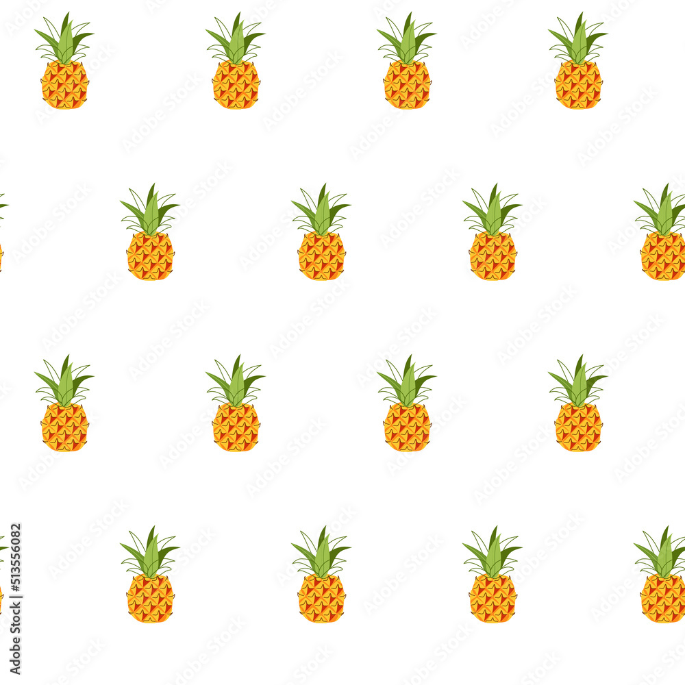 Summer seamless pattern of pineapple on a white background. Tropical fruits. Vector illustration for decor, wrapping paper, print Summer seamless pattern of pineapple on a white background. Tropical fruits. Vector illustration for decor, wrapping paper, print