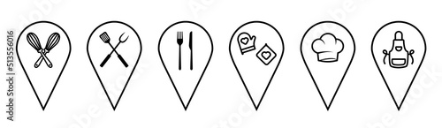 Location icon set. Map pointers with the image of kitchen appliances, apron, cap, potholders, spatula, knife and fork. Kitchen, restaurant, cafe signs. Vector illustration in doodle style