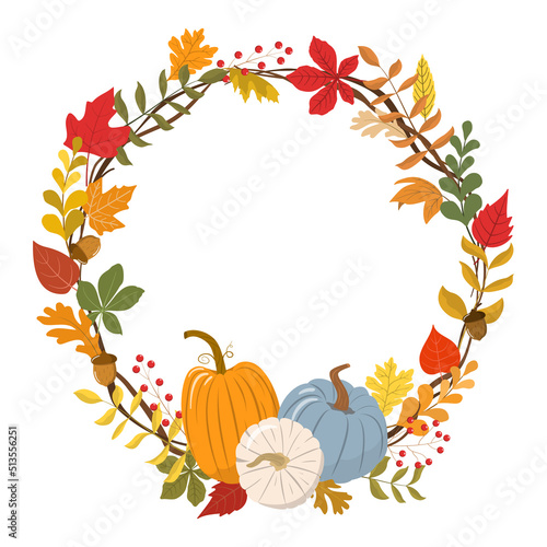 Happy Thanksgiving autumn wreath with pumpkin. Banner design template for harvest market, website, or thanksgiving day backgrounds. Vector illustration. Isolated on white background.