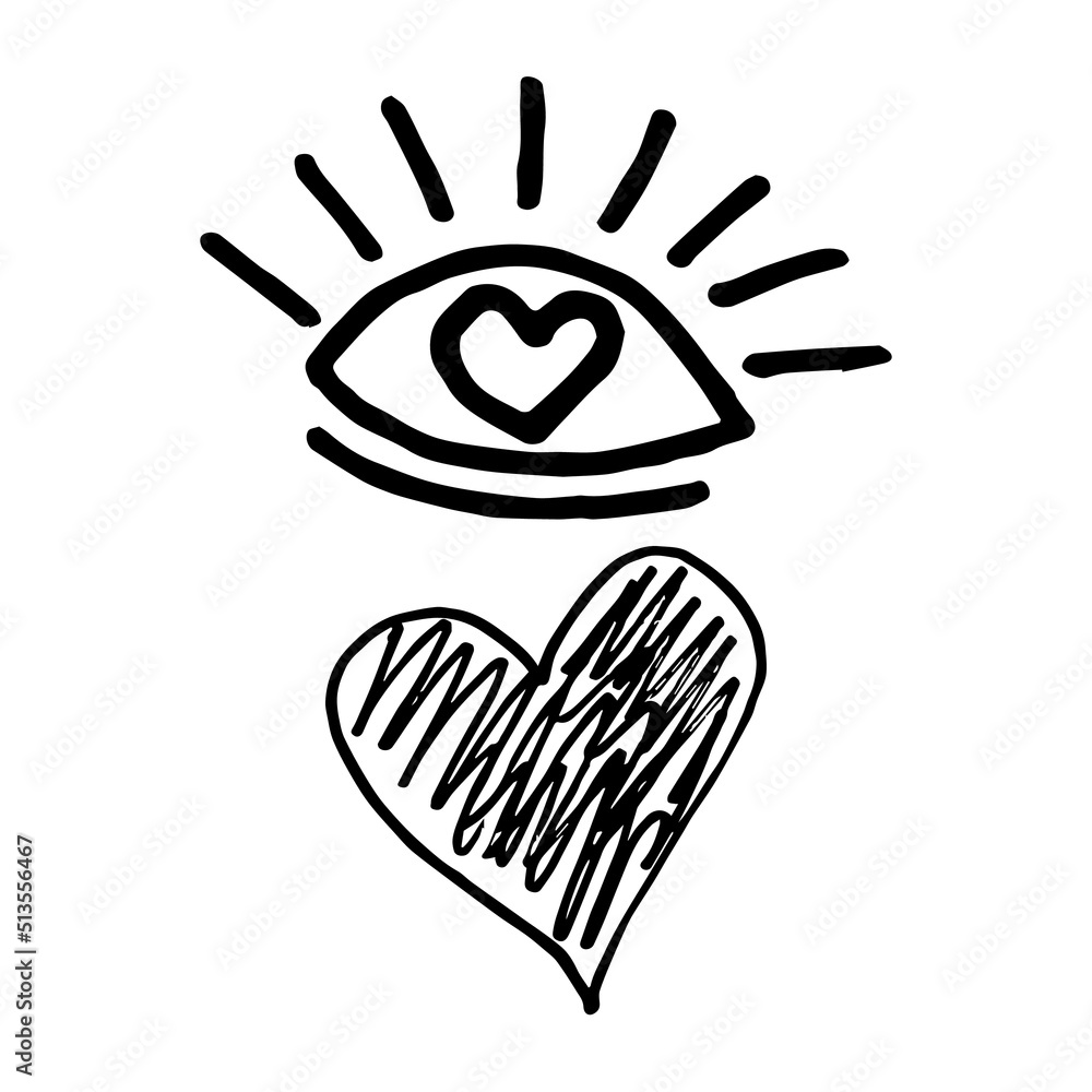 Hand Drawn Doodle of Eye and Scribbled Shape of Heart Hand Drawn Doodle of Eye and Scribbled Shape of Heart