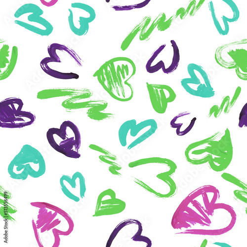 Hand drawn texture. Hearts, brush strokes, seamless pattern made with ink.