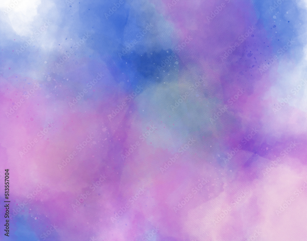 abstract pink and purple gradient watercolor background with brush stroke and clouds splashes. Grungy colorful background. Colorful watercolor background puffy clouds in bright colors of blue 
