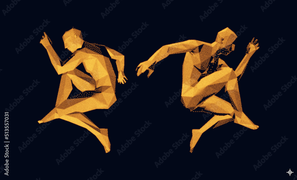 The couple dance back to back in a squat. 3d model of man. Dance party invitation. Music event flyer or banner. Vector illustration composed of particles.