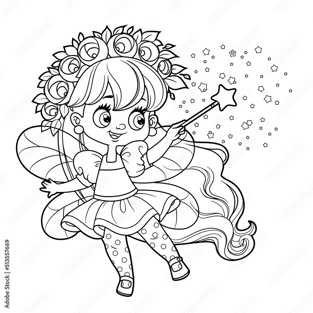 Fototapeta premium Cute cartoon little fairy cast spells with magic wand color variation for coloring on white background