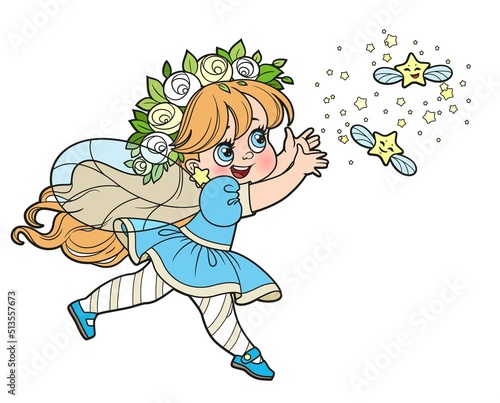 Cute cartoon little fairy running chasing the stars color variation for coloring page isolated on white background