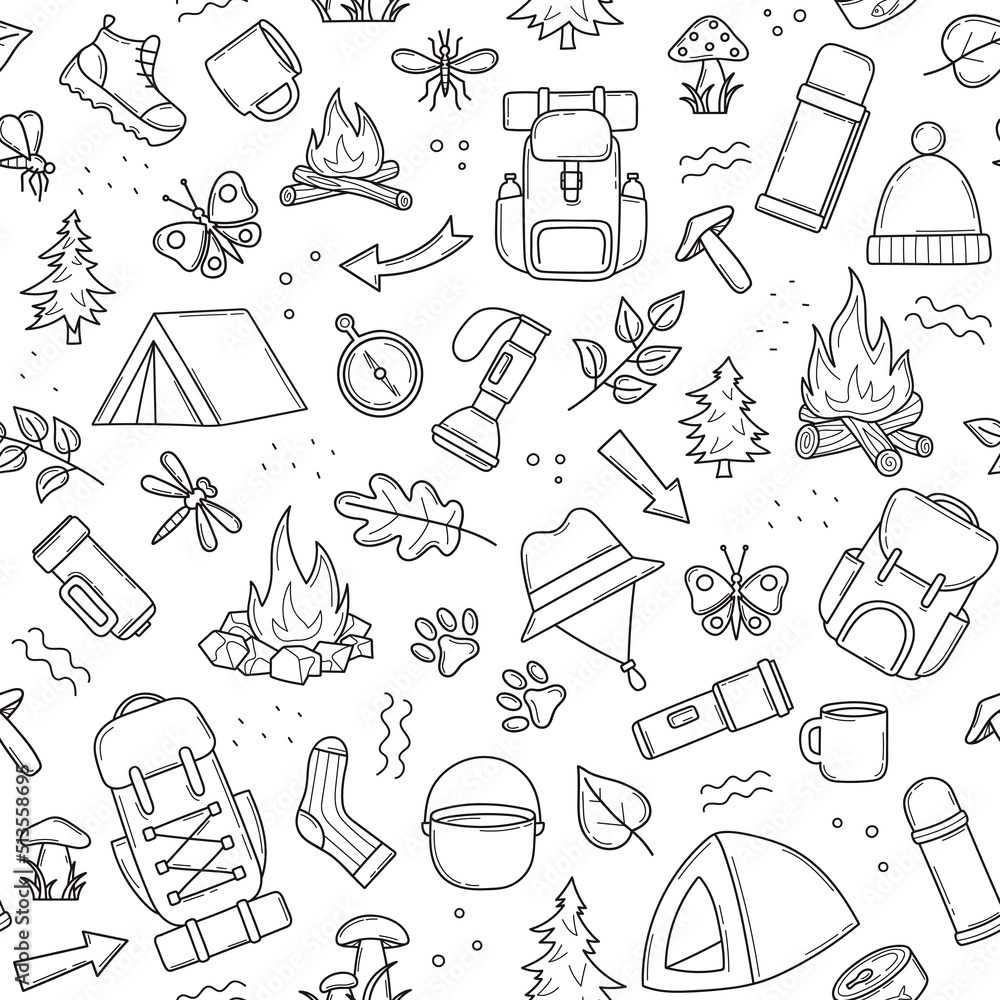 Seamless pattern of hiking equipment for summer camping, trekking, travel supplies for outdoor base camp in doodle. Print for textile, wrapping paper. Isolated vector illustration in sketch line