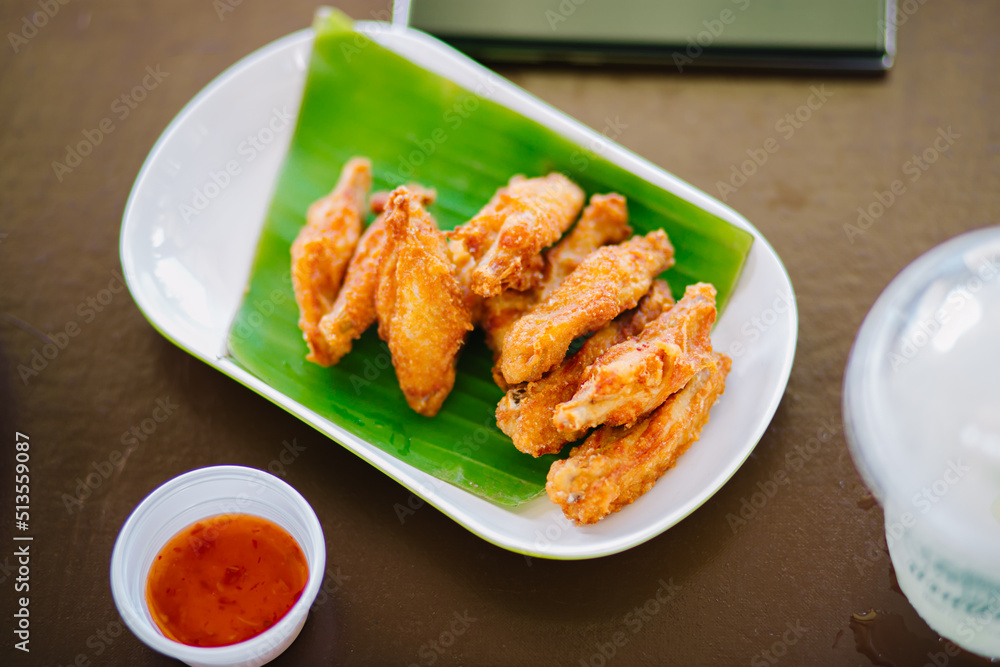 Top view fried chicken wings. focus selective