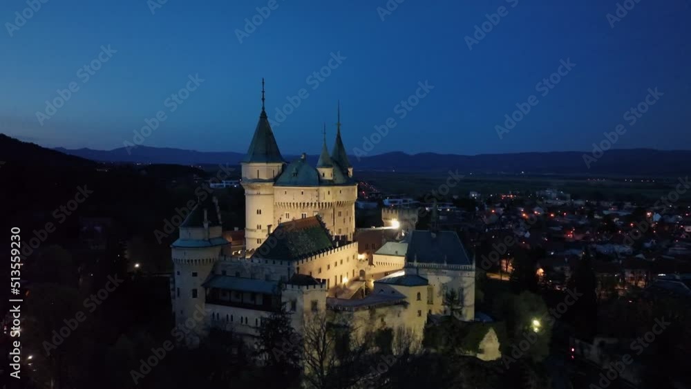 Aerial night view of Bojnice castle in Slovakia Aerial night view of Bojnice castle in Slovakia