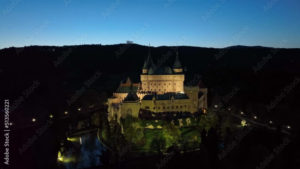 Aerial night view of Bojnice castle in Slovakia Aerial night view of Bojnice castle in Slovakia