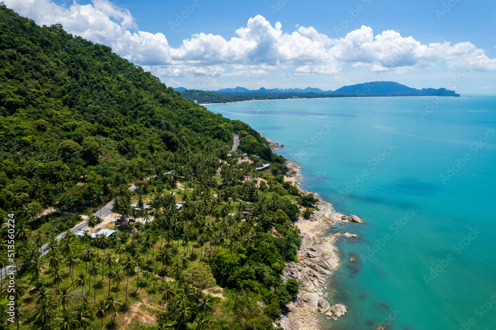 Aerial view of sea and road between Khanom and Sichon District, Nakhon Si Thammarat, Thailand
