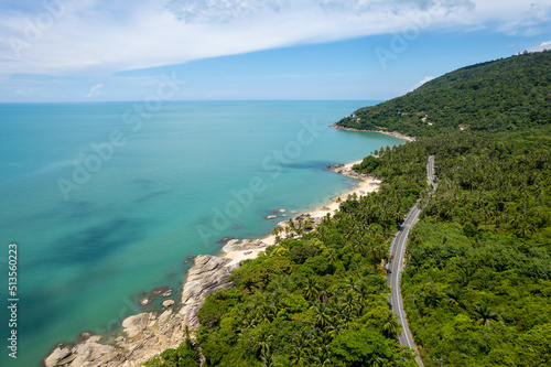 Aerial view of sea and road between Khanom and Sichon District, Nakhon Si Thammarat, Thailand
