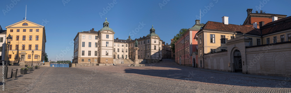 The square Birger Jarls Torg with the church Riddarholmskyran and court houses a sunny summer day in Stockholm