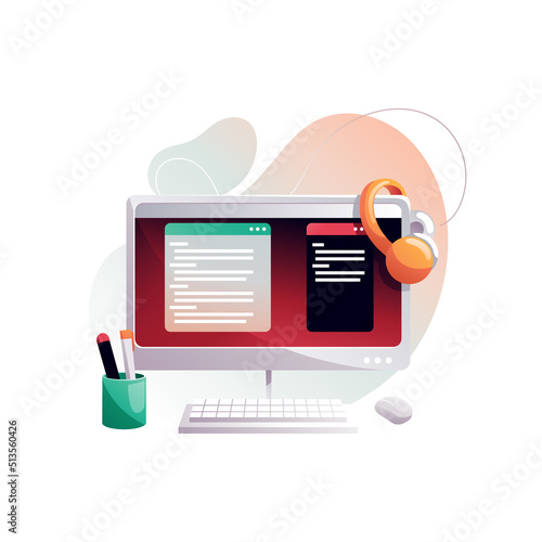 A programmer's workplace, a monitor with program code and messengers. Isolated vector illustration.