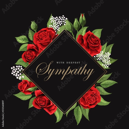 Blank vector frame with red rose flowers and leaves isolated on black