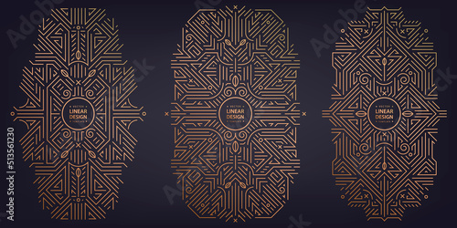 Vector set of art deco design elements, labels and frames for luxury products, golden linear fancy backagrounds, gatsby vintage style. Use for invitations, posters, prints.