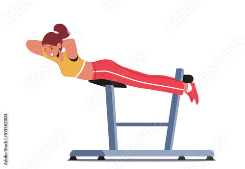 Young Woman Swinging Press on Decline Bench in Gym. Sportswoman Work on Training Apparatus. Female Character Fitness