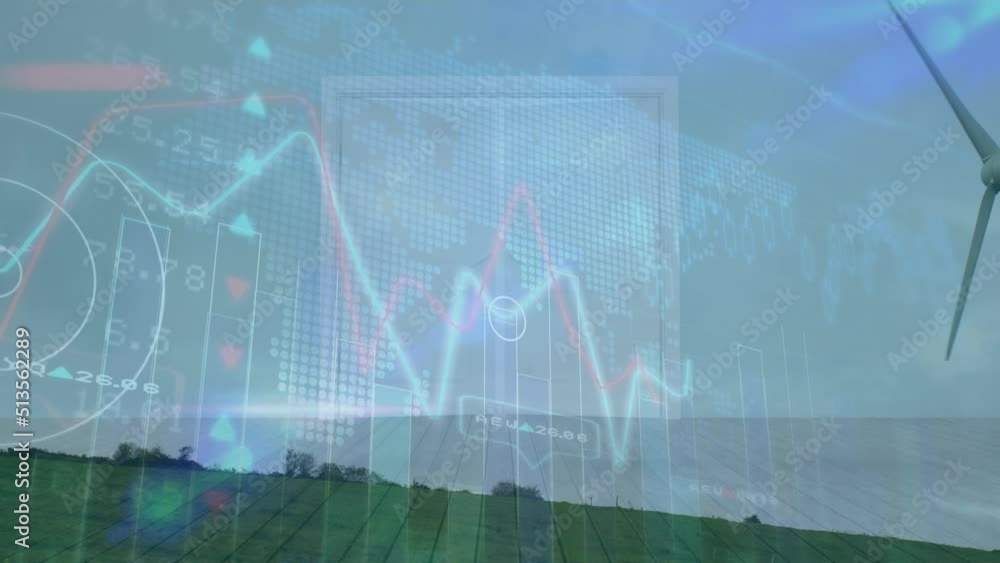 Animation of financial data processing over wind turbine Animation of financial data processing over wind turbine