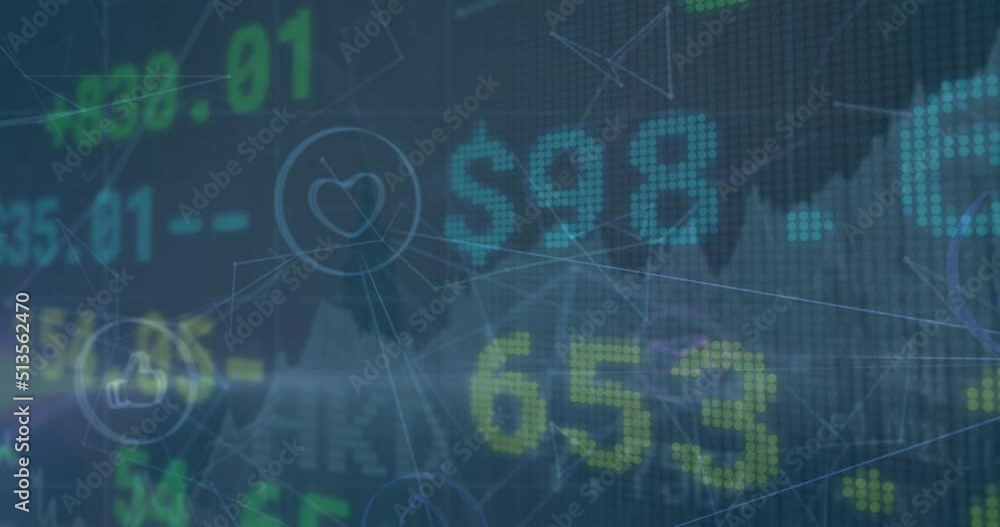 Animation of stock market over network of connections on green background cityscape