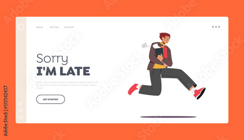 Anxious Man Hurry at Work due to Oversleep Landing Page Template. Businessman or Student with Documents Run in Stress