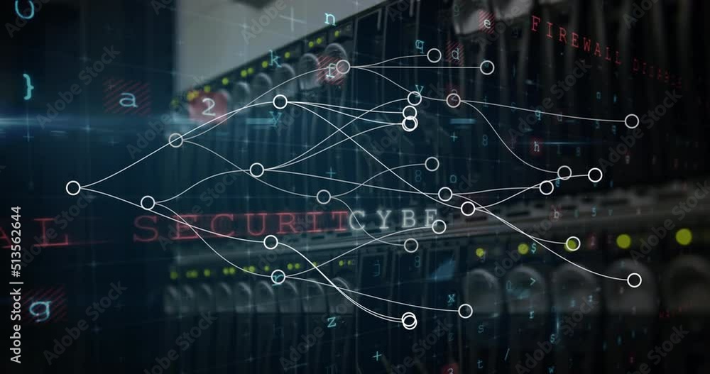 Animation of network of connections and cyberattack warning over server Animation of network of connections and cyberattack warning over server