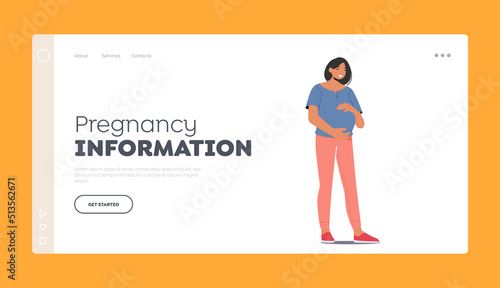 Pregnancy Information Landing Page Template. Asian Pregnant Woman, Smiling Girl with Big Belly. Maternity and Motherhood
