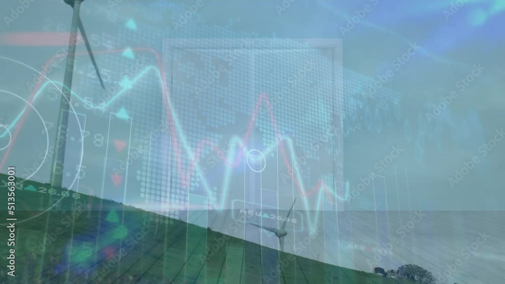 Animation of graphs and financial data over wind turbine Animation of graphs and financial data over wind turbine
