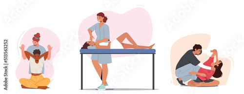 Set Doctor Osteopath Making Massage to Patient, Character Help Improve Health, Professional Healer Adjust Spine Of Woman
