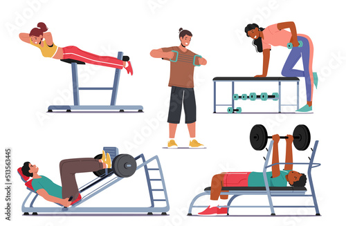 Set of People Training in Gym. Male and Female Characters Exercising with Professional Fitness Equipment Doing Workout