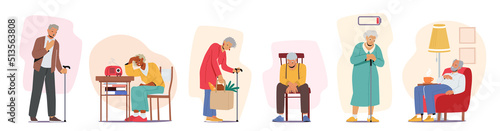 Set of Tired Elderly Men and Women. Sad or Forworn Grandfather or Grandmother Health Problems, Loneliness, Senility